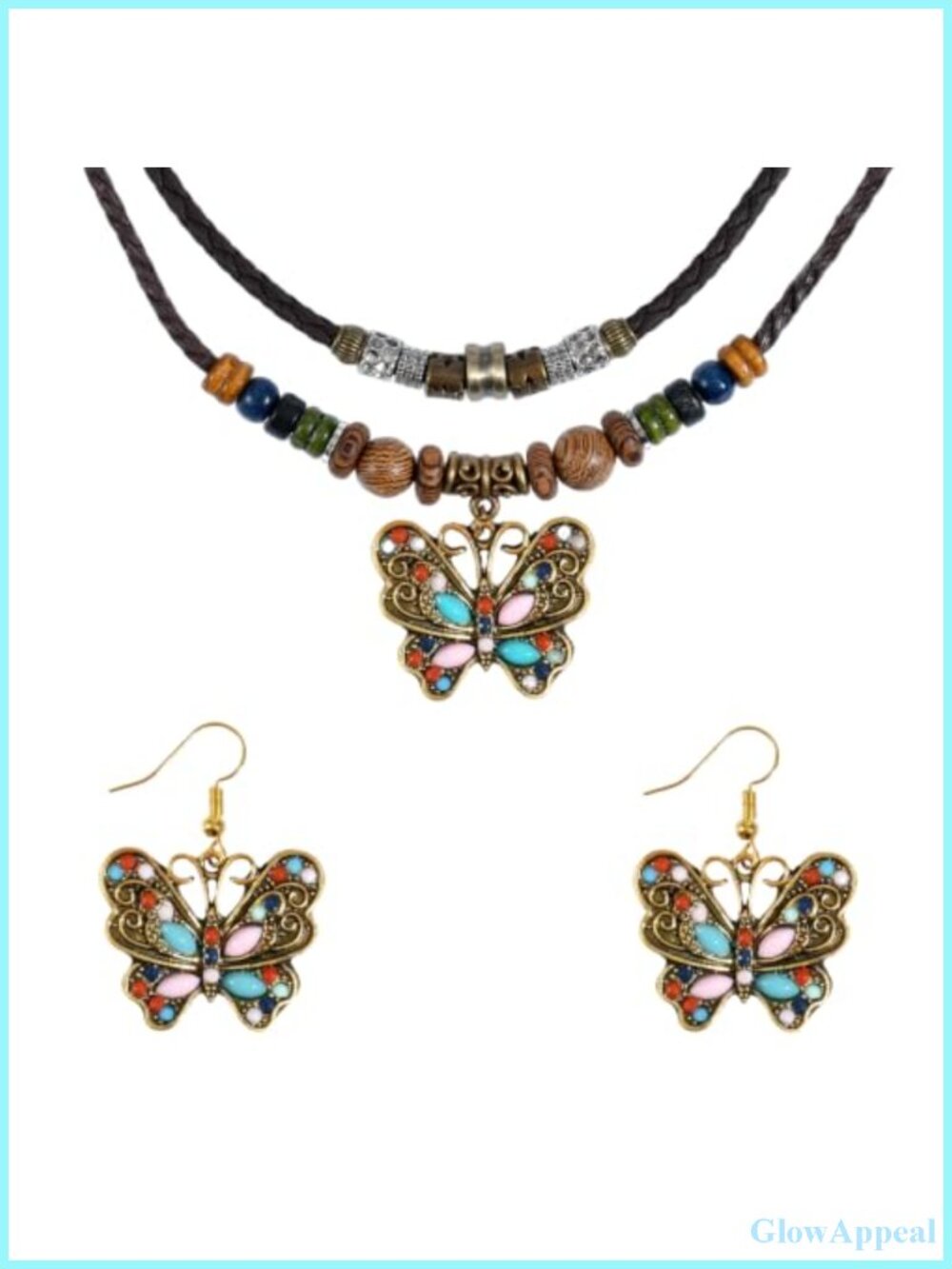 Boho Butterfly Necklace Earrings Set Women Leather Braided Choker Dangle